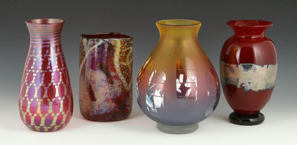 4 Signed Studio Glass Vases: Lot of four studio glass vases, all signed, including Lundberg Studio, K. Walton, and others. Provenance: From a MA estate.