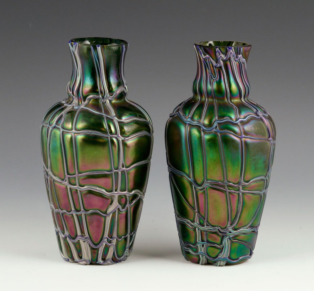 Pair Loetz-type Vases: Pair of Loetz-type vases, 8 1/4"h. Provenance: From a MA estate.