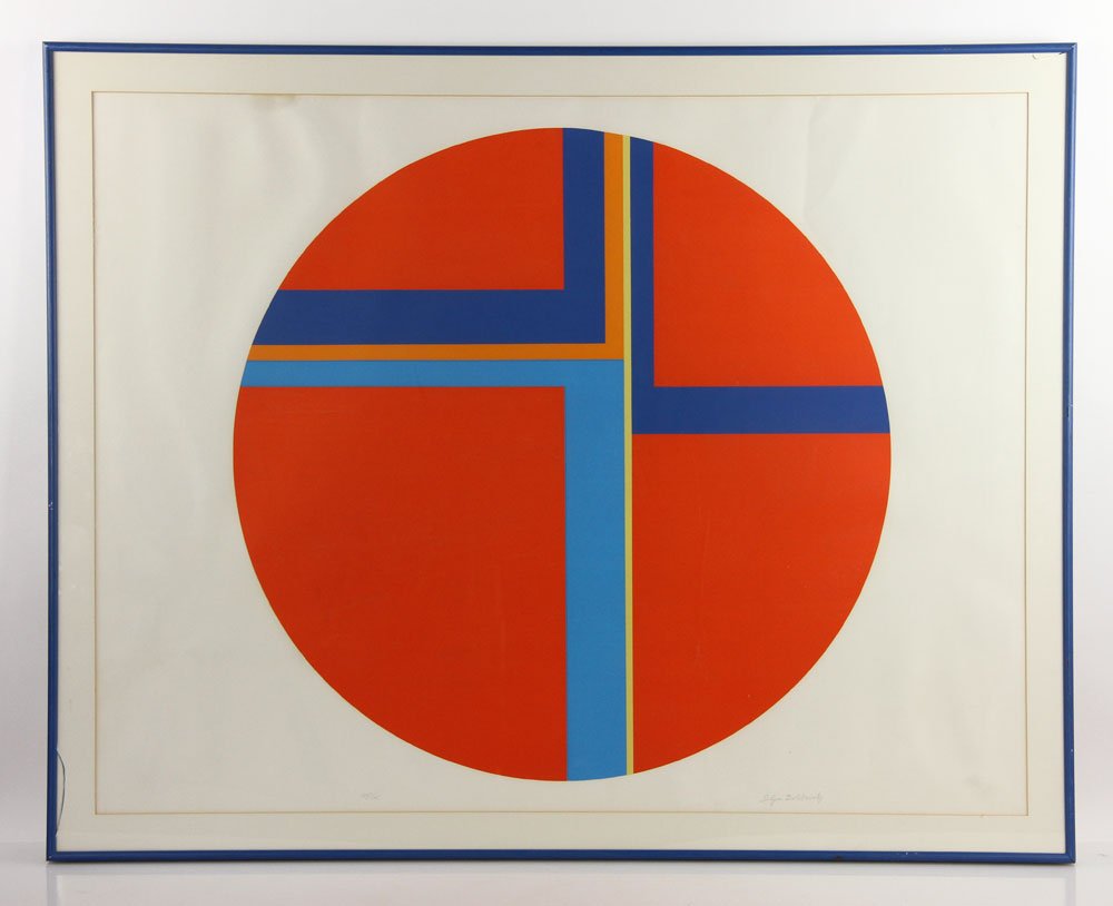 Bolotowsky, "Red Tondo", Silkscreen: Ilya Bolokowsky (Russian-American 1907-1981), "Red Tondo", silkscreen, signed lower right, numbered lower left, edition of 125, 28 1/4" x 36 1/2" (view), 40 1/4"h x 32"w (frame). Provenance: From a CA