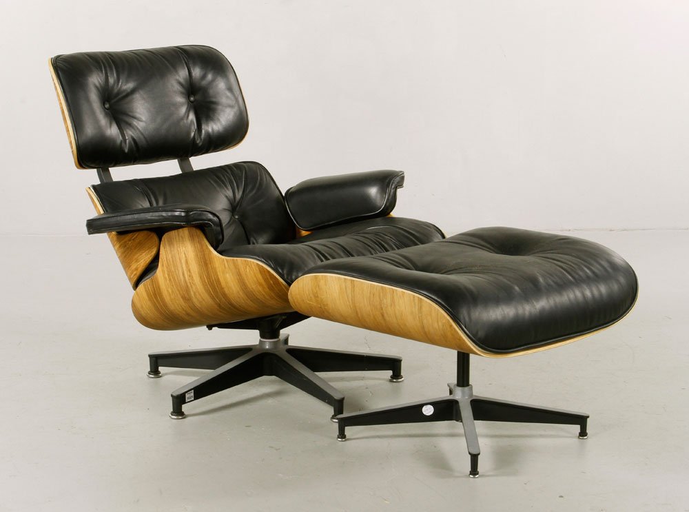 Eames for Miller Chair and Ottoman: Charles and Ray Eames for Herman Miller chair (#670) and ottoman (#671), 31"h x 30"w x 34"d (chair), 16"h x 26"w x 21"d (ottoman). Provenance: From a MA estate.