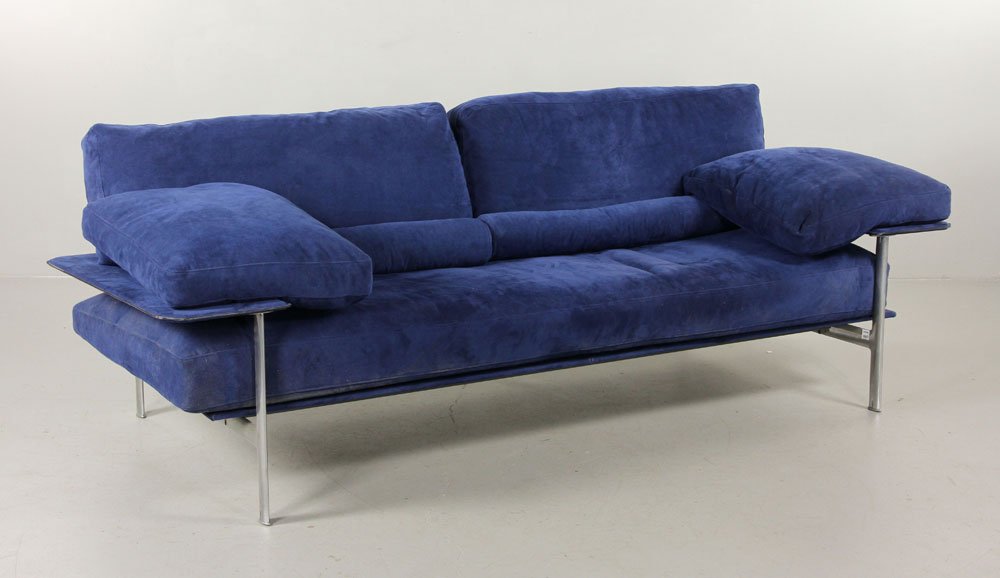 B&B Italia "Diesis" Sofa: B&B Italia "Diesis" sofa, with factory label, in "Alcantrav #840" blue upholstery, with original receipts, certificate of authenticity and original ad, 28"h x 78"w x 36"d. Provenance: From a MA estate