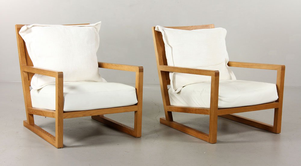 Pr. B&B Italia Lounge Chairs: Pair of B&B Italia lounge chairs, leather and fabric upholstery on birch frame, with labels underside, 30"h x 26"w x 29"d. Provenance: From a MA estate.