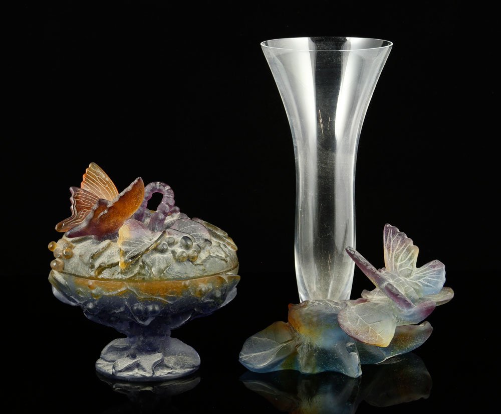 Daum Pate de Verre "Papillon" Vase and Box: Daum pate de verre "Papillon" vase, and round footed covered box, both etched underside "Daum France", purchased in Paris, France, 8 1/2"h x 5"w x 3"d (vase), 5 1/2" x 5"dia. (box). Provenance: From a