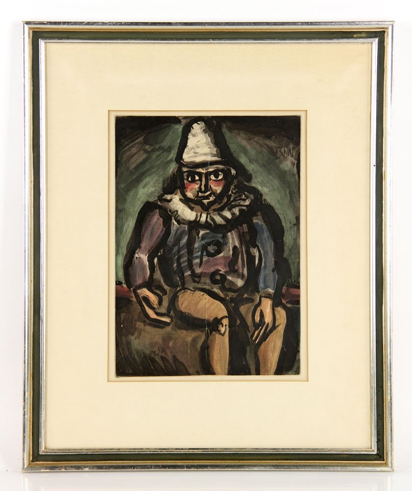 Rouault, Portrait of Seated Jester, Engraving: Georges Rouault, portrait of a seated jester, colored engraving, 12 1/2"h x 19"w (view). Provenance: From a New York estate.