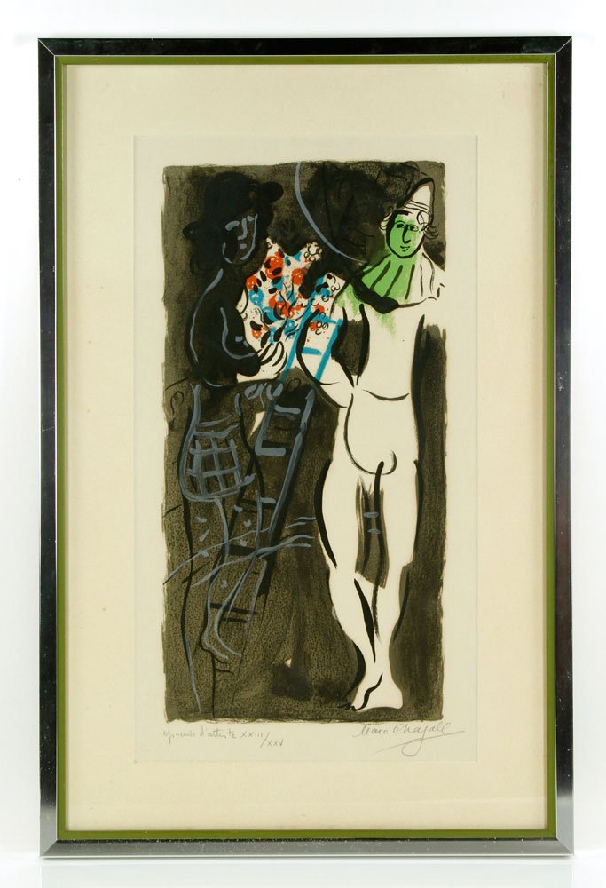 Chagall, Standing Jester and Figure, Lithograph: Marc Chagall, portrait of a standing jester and figure with ladder, editioned XXIII/XXV, signed lower right, 21"h x 11"w (view). Provenance: From a New York estate.