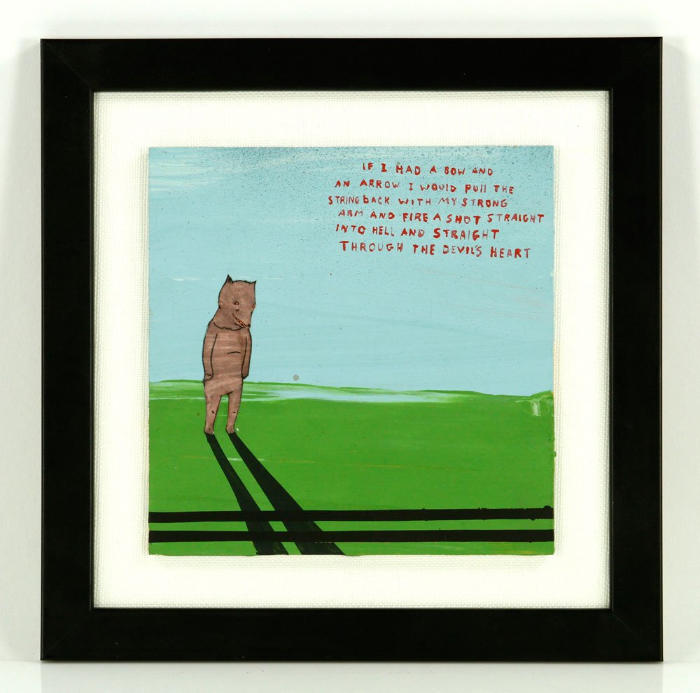 Dzama, M/M: Marcel Dzama and The Royal Art Lodge, mixed media painting on panel, circa 2005, featured on The Royal Art Lodge website www.royalartlodge.com/paintings, 6"sq (view), 9 1/4" sq (frame). Provenance: Fr