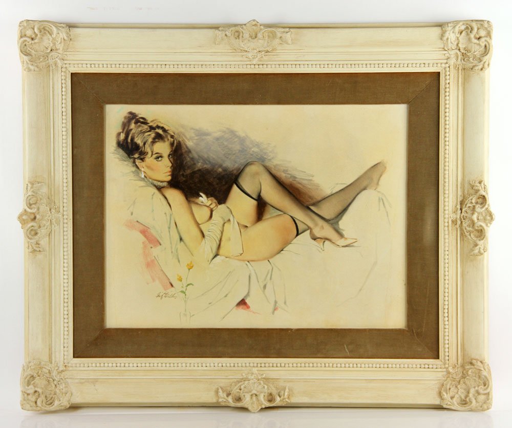 Willis, Reclining Nude, Pastel: Fritz Willis (American 1907-1979),reclining nude woman in black stockings, pastel, original purchase letter, original frame, 17"h x 22 3/4"w (view), 29"h x 35"w (frame). Provenance: From a CA estate.