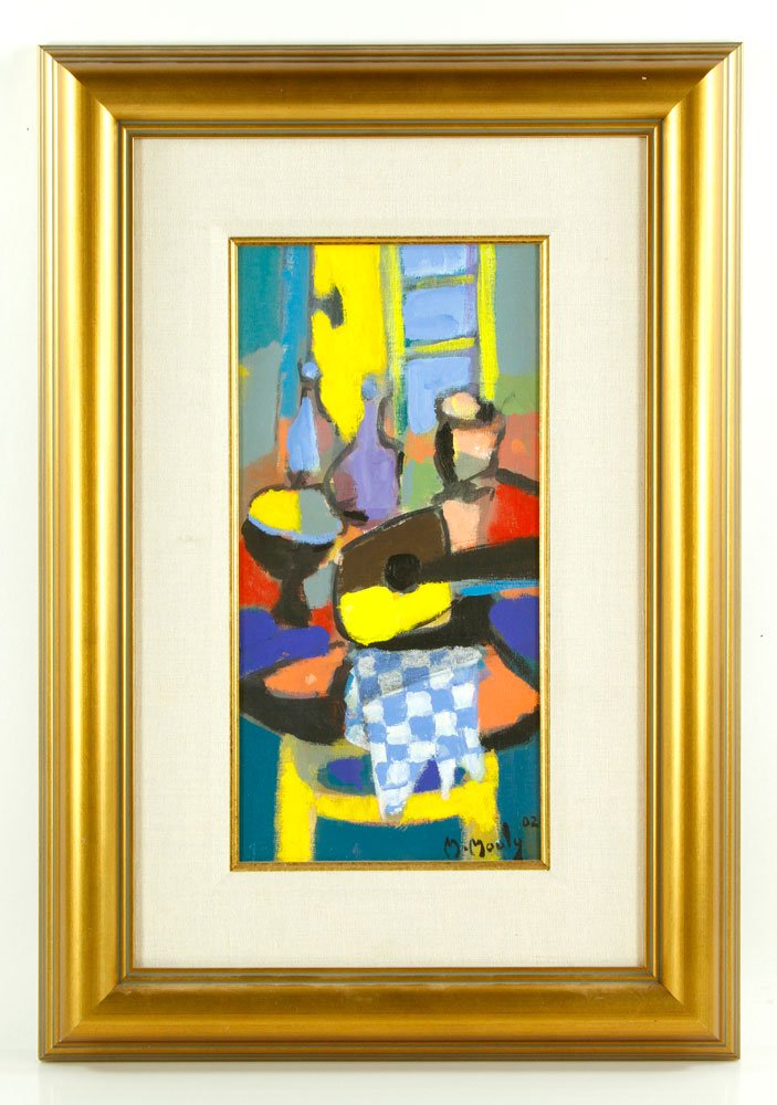 Mouly, Abstract Interior Scene, O/C: Marcel Mouly, abstract interior scene with guitar player, oil on canvas, signed and titled verso, Phillips Galleries P beach F., 16"h x 8"w (view), 20"h x 11"w (frame). Provenance: From a FL estate.