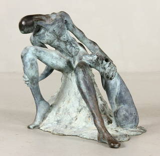 Miller, Seated Figure with Dog, Bronze: Carol Miller (Born 1933), seated bronze figure with dog, bronze sculpture, 23"h x 34"w x 23"d. Provenance: From a Florida estate.