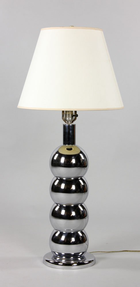 Kovacs, Modern Table Lamp, Chrome: George Kovacs (American, 1927-2007), modern table lamp, chrome base, chrome cylindrical neck, with original finial. 35 1/2"h overall x 7 1/2" dia. Provenance: From a New Hampshire collection.