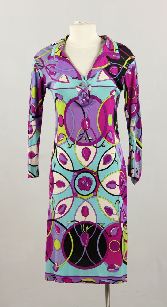 Pucci Saks Fifth Ave Dress: Emilio Pucci (Italian, 1914-1992) multi-colored patterned Saks Fifth Avenue dress, size 10. Provenance: From a California estate.