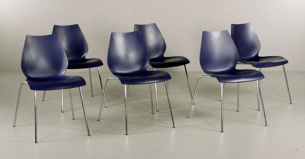 6 Magistretti for Kartell "Maui" Chairs: Set of six "Mauri" chairs designed by Beko Magistretti for Kartell, 30"h x 18"w x 16"d. Provenance: From a MA estate.