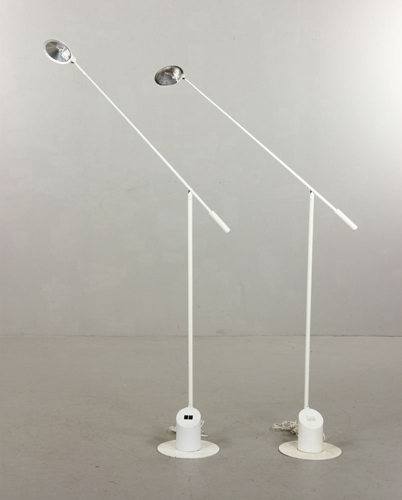 Pr. Sonneman for Kovacs Floor Lamps: Pair of Robert Sonneman for George Kovacs Danish Modern floor lamps, enameled steel with adjustable weighted arms, 1987 copies, approximately 58"h x 9"dia at base. Provenance: From a MA estate.