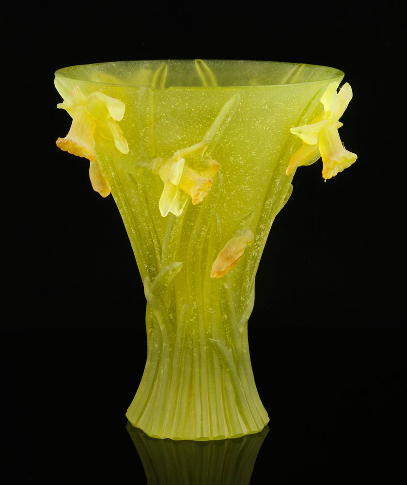 Daum Pate de Verre "Daffodil" Vase: Daum pate de verre "Vase Aux Jonquils" "Daffodil" vase, etched underside "Daum France", purchased in Paris, France, 9 3/4"h x 7 1/2"dia. Provenance: From a MA estate.