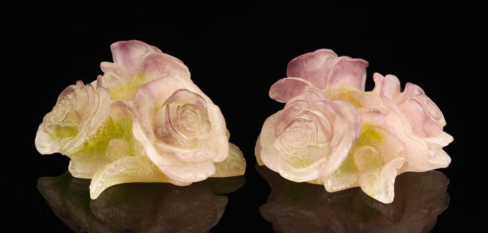 Daum Pate de Verre "Rose" Candleholders: Daum pate de verre "Bougeoirs bas aux Roses" "Rose" candleholders, both etched underside "Daum France", purchased in Paris, France, 2"h x 4"dia. Provenance: From a MA estate.