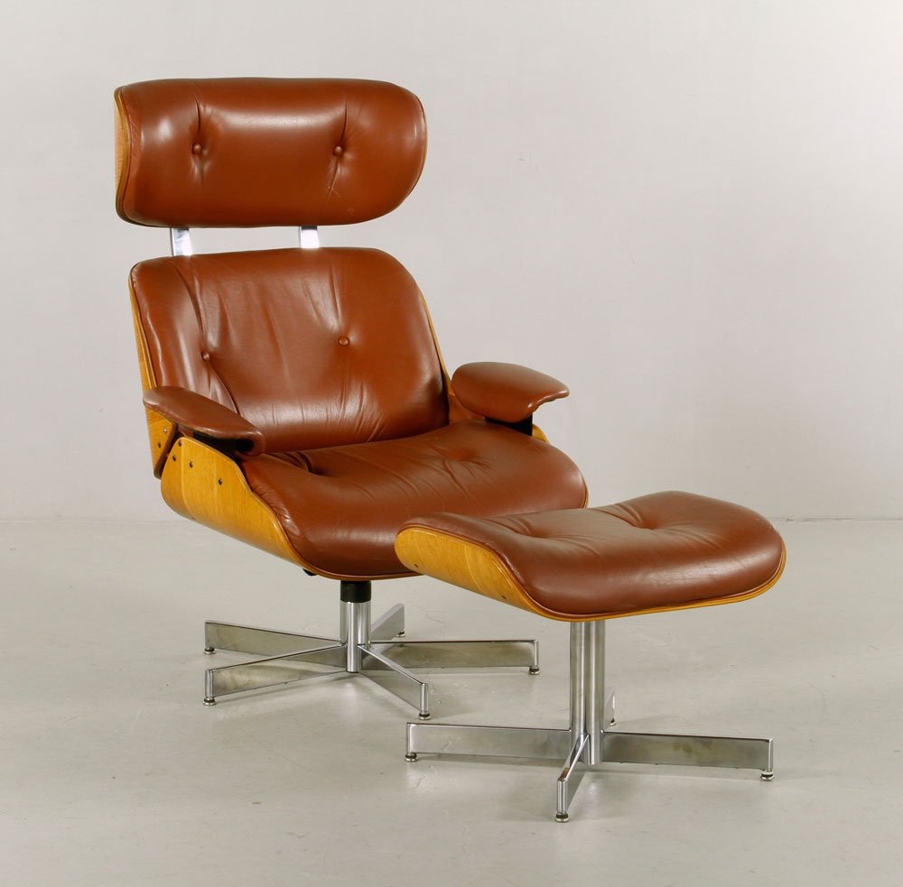 Plycraft Chair and Ottoman: Plycraft chair and ottoman, brown leather upholstery on chrome base, 42 1/4" h x 32 1/2" w x 25" d (chair), 16" h x 21" w x 17" d (ottoman). Provenance: From a New Hampshire collection.