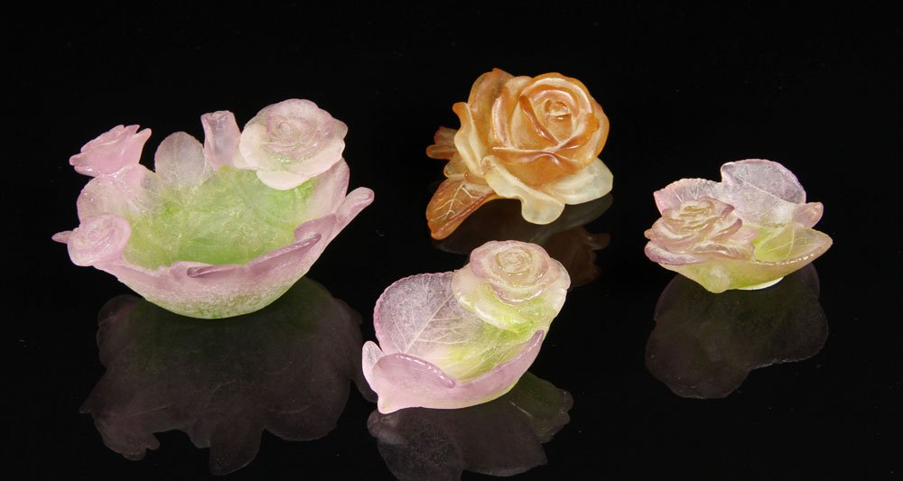 4 Daum Pate de Verre Items: Four Daum pate de verre items, to include: one "Rose" paperweight, amber, etched "Daum France" underside, 1 1/2"h x 3 1/2"w; two mini "Rose" coupelles, both etched "Daum France", 1 1/2"h x 3"w x 2 3/4