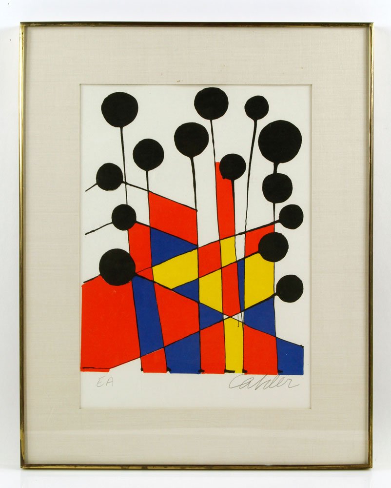 Calder, "Black Balloons," Lithograph: Alexander Calder, "Black Balloons," lithograph, signed in pencil lower right, inscribed "E. A." lower left, 13 1/2" h x 9 1/2" w (view), 19" h x 15 1/4" w (frame). Provenance: From a California estate