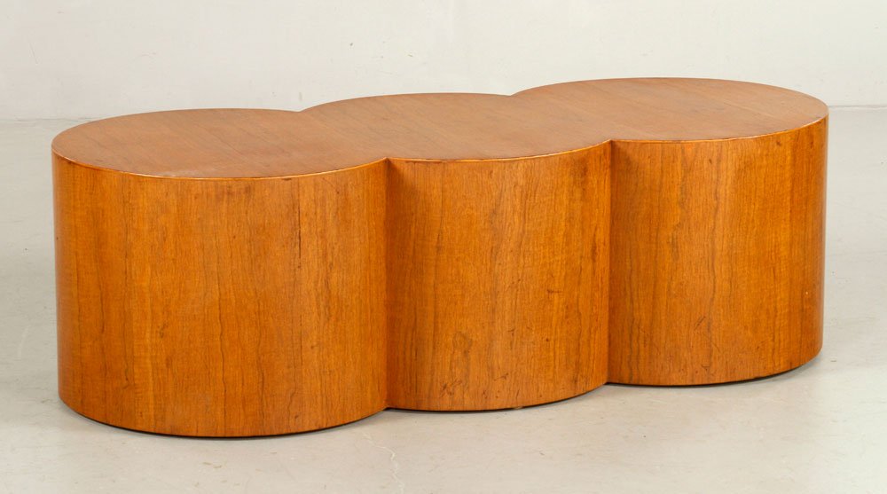 Danish Modern Triple Barrel Coffee Table or Bench: Danish Modern triple barrel coffee table base or bench, teak, no marks, 15"h x 49 1/4"w x 28"d. Provenance: From a New Hampshire collection.