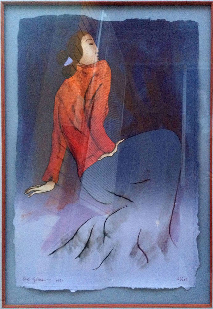 Gorman, "Myra", Serigraph: R. C. Gorman, "Myra", color serigraph, profile of a woman in a red blouse, signed and dated lower left 1991, numbered lower right 65/200, 25"h x 16"w (view), 30"h x 24"w (frame). Provenance: From a CA
