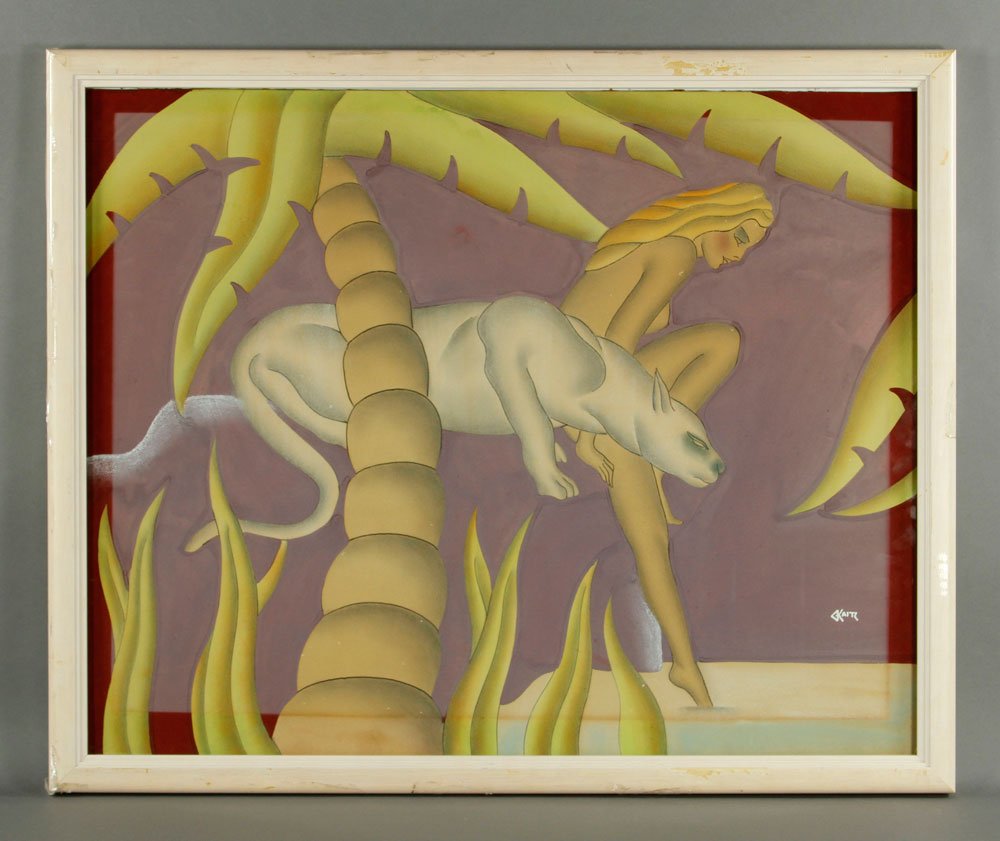Kaitz, Art Deco Nude and Panther, W/C: Gustav Kaitz (American, 1913-1992) Art Deco image of a nude and a panther, watercolor, signed G. Kaitz, 23 1/2"h x 30"w (view), 26 1/2"h x 32"w (frame). Provenance: From a Florida estate.