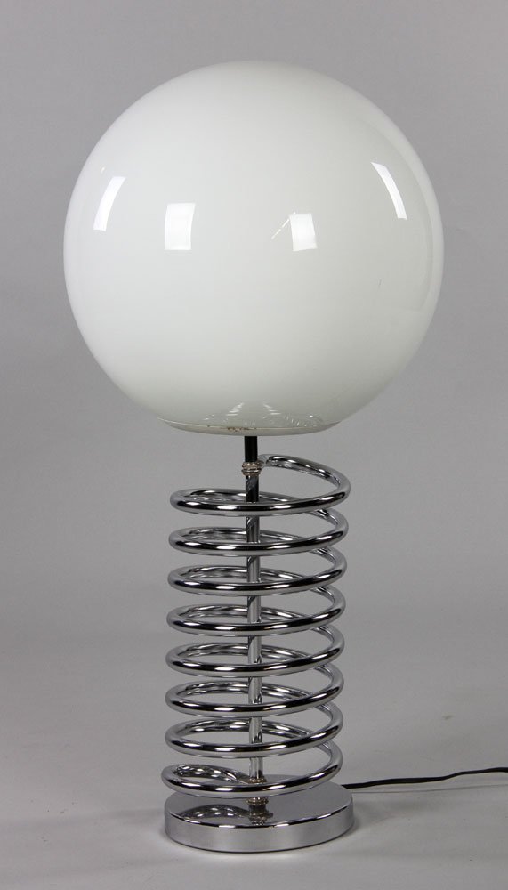 Sonneman Style Table Lamp: In the style of Robert Sonneman, table lamp on spring-like chrome base with large opaque white globe shade, no marks, 28"h x 13" dia (shade). Provenance: From a New Hampshire collection.