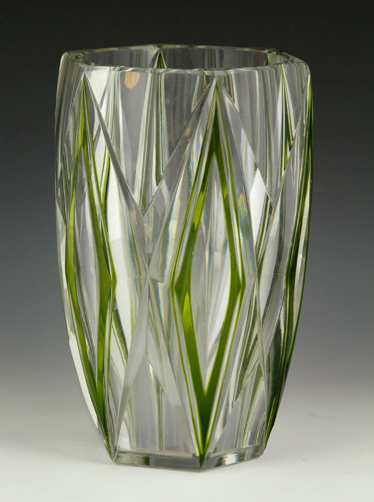 Val St. Lambert Vase: Early 20th century, Val St. Lambert vase, emerald green and cut glass vase, French, original label on side of vase, 10 1/4"h x 7"dia. Provenance: From a HI estate.