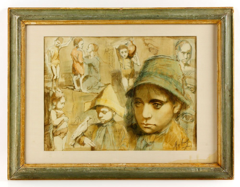 Metcalf, "Sicily Study Page," O/P: Conger Metcalf (1914-1998), "Sicily Study Page," oil and graphite on clay coated paper, matted under glass, signed lower right, dated 1964, 11 1/2" h x 15" w (view), 17 1/2" h x 22 1/2" w (frame). Pro