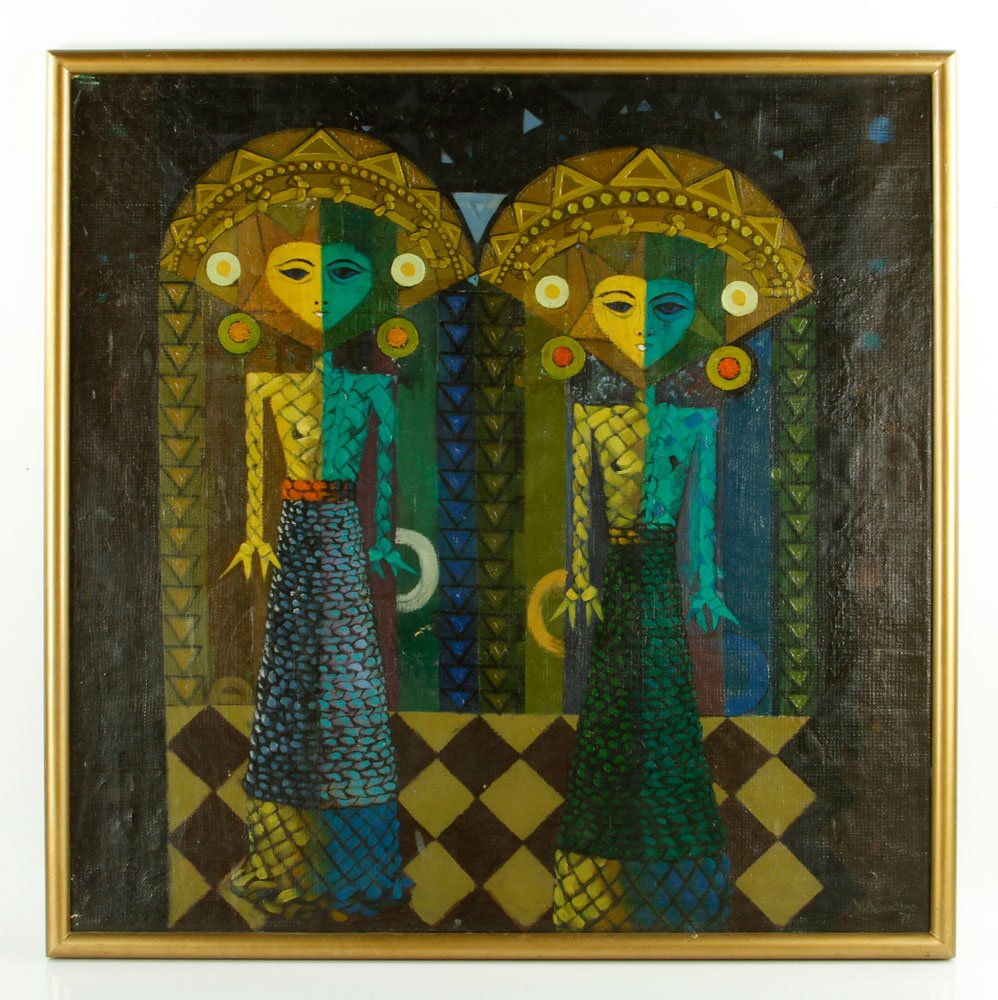Sudiro, "Two Deities," O/C: V. A. Sudiro (Malaysian, born 1939), "Two Deities," oil on canvas, signed and dated "V. A. Sudiro '77" LR, with hanging hardware, 25" sq (view), 26 1/2" sq (frame). Provenance: From a New Hampshire co
