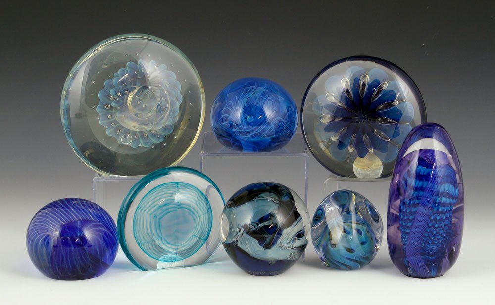 8 Art Glass Paperweights: Lot of eight art glass paperweights, all signed, including two by Eickholt, one by Josh Simpson, 5 3/4"h (tallest). Provenance: From a MA estate.