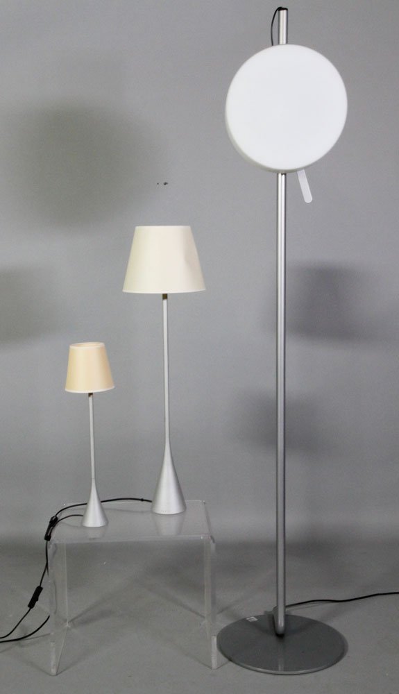 3 French Modern Lamps: Group of three French modern lamps, to include: short and tall table lamps by Pascal Mourgue, each signed to base 'P. Mourgue' raised inscription, with European plugs, 19 3/8"h (shorter), 31 1/2"h (la
