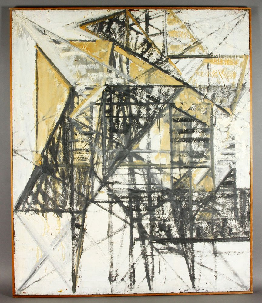 Abstract, O/C: Abstract, oil on canvas, signed indistinctly verso, 36" x 30", 36 5/8" x 30 3/4" (frame). Minor craquelure, a few small areas of flaking paint.