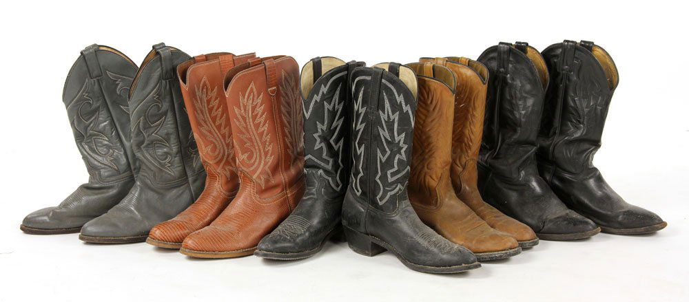 5 Pairs of Rex Trailer's Personal Cowboy Boots: Five pairs of Rex Trailer's personal cowboy boots, two marked size 10 1/2 D. Provenance: From the estate of Rex Trailer and the WBZ-TV production "Boomtown."