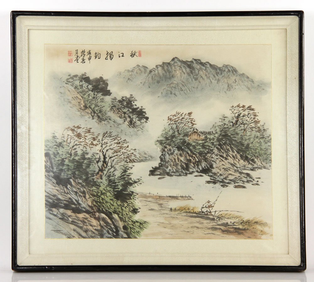 Chinese W/C: Chinese watercolor painting, depicting landscape with fisherman, signed upper left, in shadow box frame, 22" h x 25" w (view), 24" h x 32" w (frame). Provenance: From a California collection.
