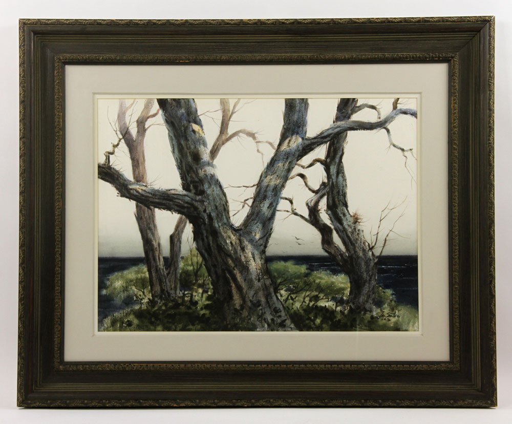 Santoro, "Stark Trees," W/C: Joseph Santoro (American, 1908-1996), "Stark Trees," watercolor, signed and marked "AWS American Watercolor Society" lower right, framed under glass, 21" h x 29" w (view), 36" h x 43" w (frame). Prove