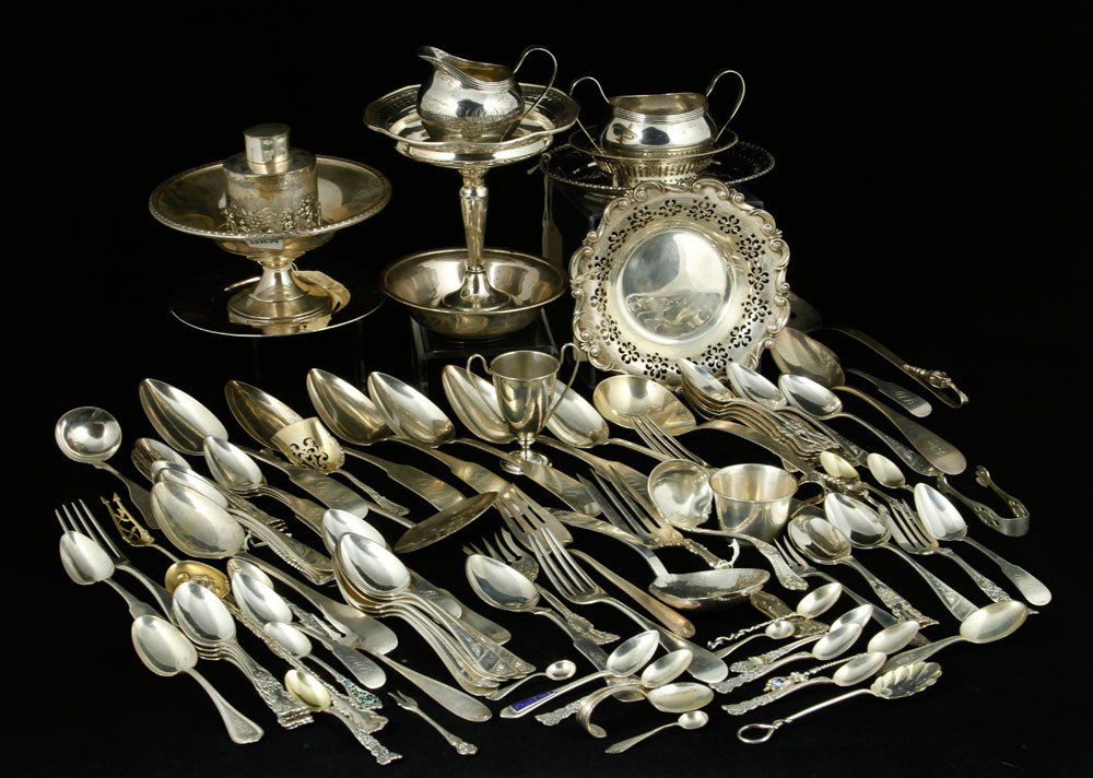 Lot of Sterling and Coin Silver: Lot of sterling and coin silver table pieces and flatware, to include: Towle, F. Porter, Mexican, English, Gorham, Duhme & Co., Daniel Low, Shreve, Crump & Low, and two weighted compotes (not weighed)