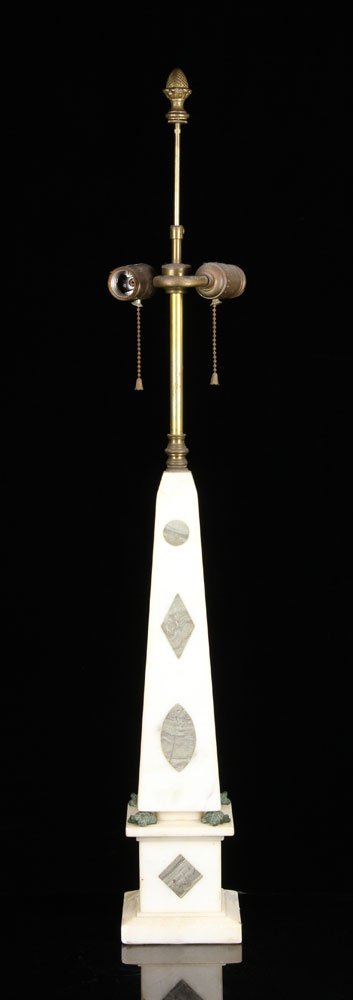 20th C. Neoclassical Marble Lamp: Neoclassical obelisk form lamp, inlaid marble, circa 1920, on turtle form feet, lamp 18" h x 4" w x 4" d, 33 1/2" h overall. Provenance: From the estate of A. V. G. Hacyshlavn, Watermill, South Hampto