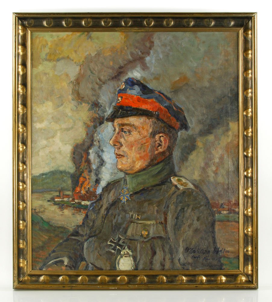 Lang-Wollin, Portrait of Lt. Hans Klein, O/C: Otto Lang-Wollin (1881-1940), portrait of Lt. Hans Klein wearing the Pour le Merite, oil on canvas, signed and dated August 1917, 31" h x 27" w (view), 35" h x 31" w (frame). Provenance: Descended thr