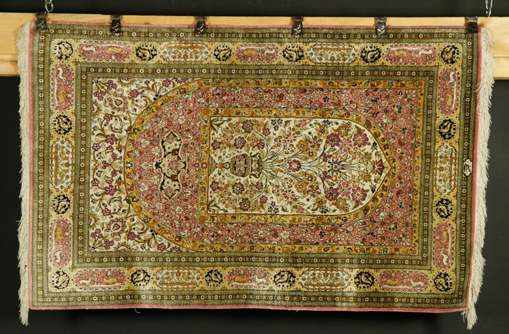 Semi Antique Persian Silk Prayer Carpet: Semi antique Persian prayer carpet, silk, signed in guard border, 3' 2" x 5'. Provenance: From a Massachusetts estate.