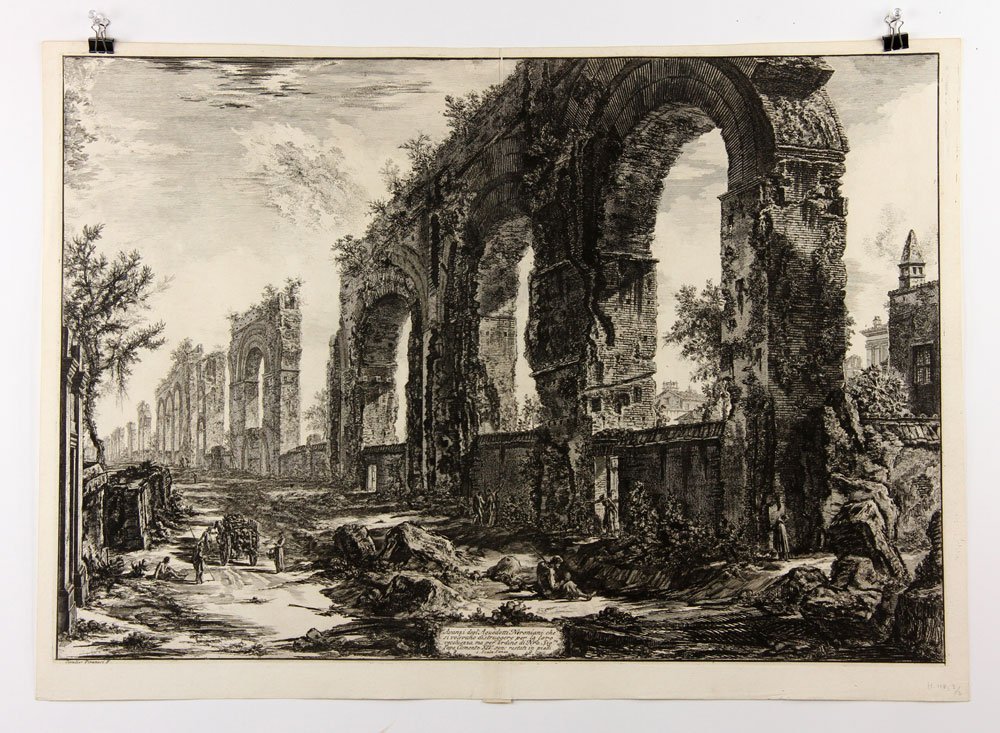 Piranesi, "Avanzi degli Acquedotti Neroniani," Etching: Giambattista Piranesi, "Avanzi degli Acquedotti Neroniani," 1775 etching, plate 118 of Veduta di Roma, ref: Focillon 850, Hind II/IV, first Paris edition, 20 1/2" h x 29" w (sheet), 19" h x 27 5/8" w 
