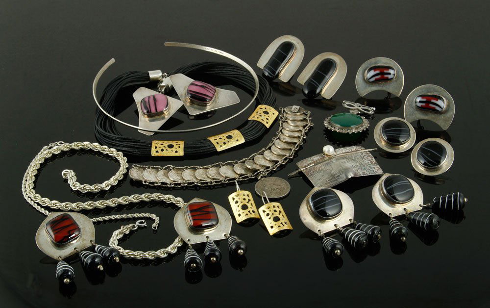 Lot of Assorted Jewelry: Lot of assorted jewelry, to include: six pairs of sterling and art glass bead earrings, most marked "sterling" and "N" with strikethrough maker's mark; one pendant pin, marked "sterling"; Modernist st