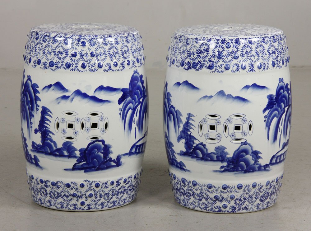 Pr. Chinese Blue and White Garden Stools: Pair of Chinese blue and white garden stools, porcelain, 18" h x 12" dia. Provenance: From a Beverly, MA collection.