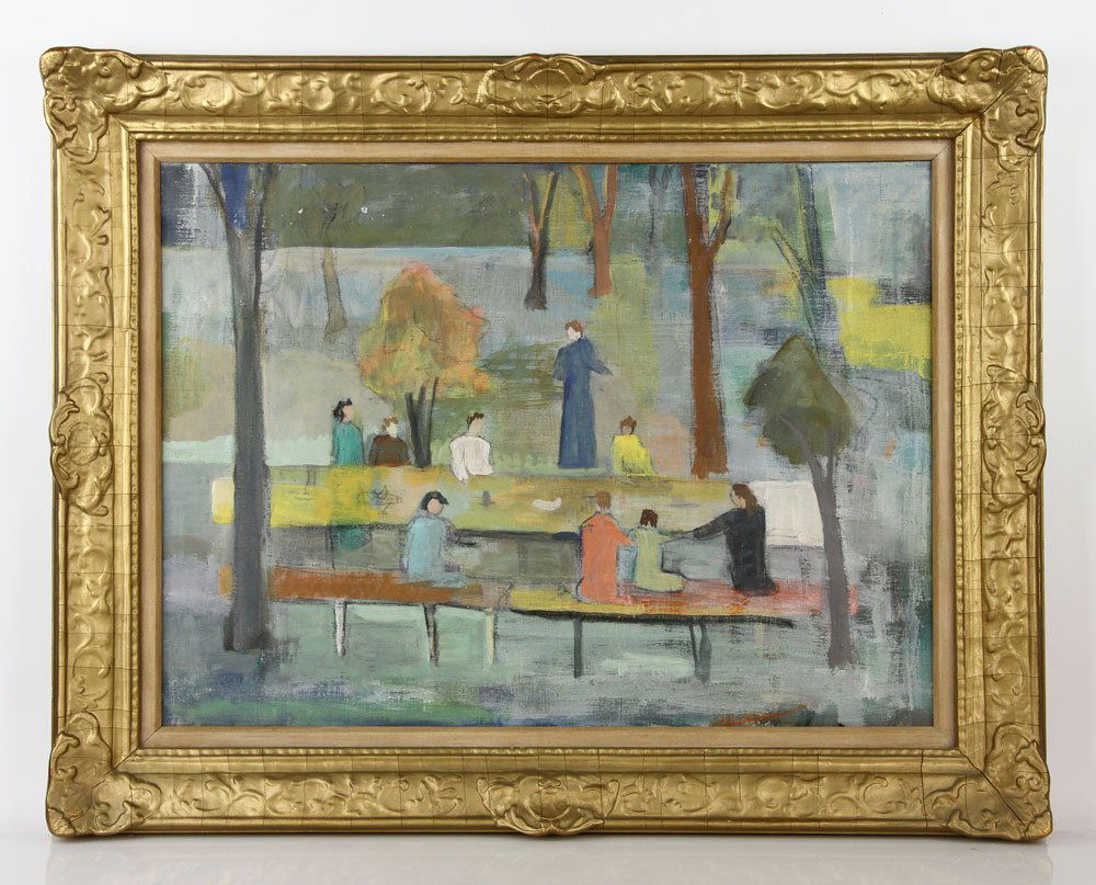 Valenstein, Figures at Picnic Table, O/C: Alice Valenstein, figures around a picnic table, oil on canvas, Krasner Gallery label verso, in Newcomb-Macklin frame, 22" h x 30" w (view), 29 1/2" h x 27 1/2" w (frame). Provenance: From a Massachus