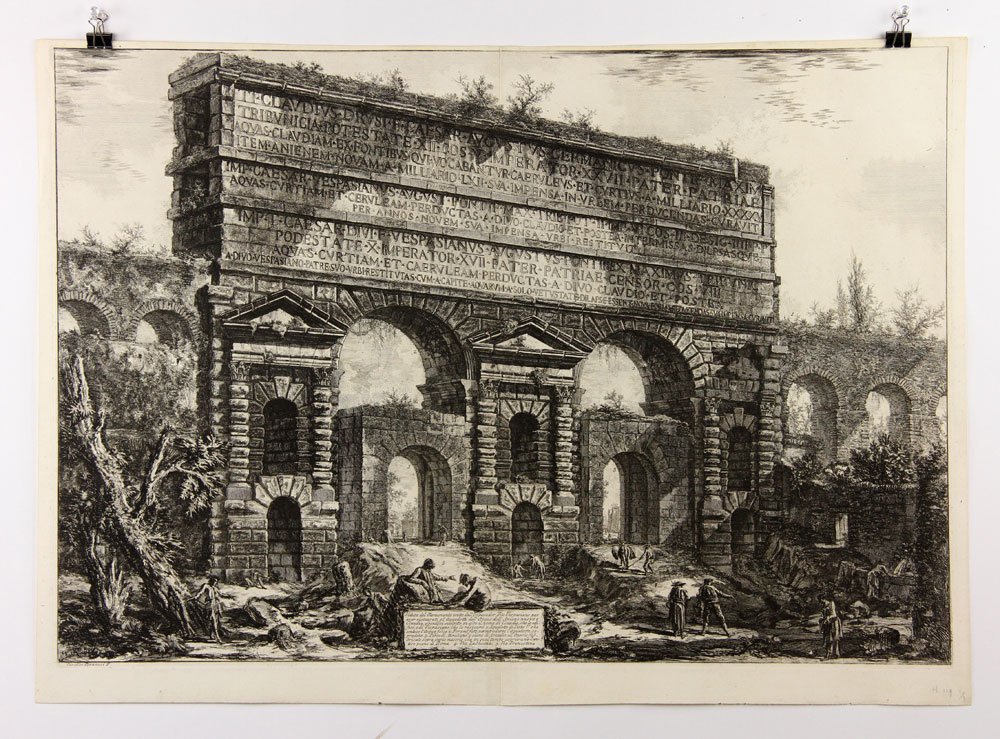 Piranesi, "Veduta del Monumento Eretto dall'Imperador: Giambattista Piranesi, "Veduta del monumento eretto dall'Imperador Tito Vespasiano," 1775 etching, plate 119 of Veduta di Roma, ref: Focillon 839, Hind I/III, first Paris edition, 20 5/8" h x 30" w (s