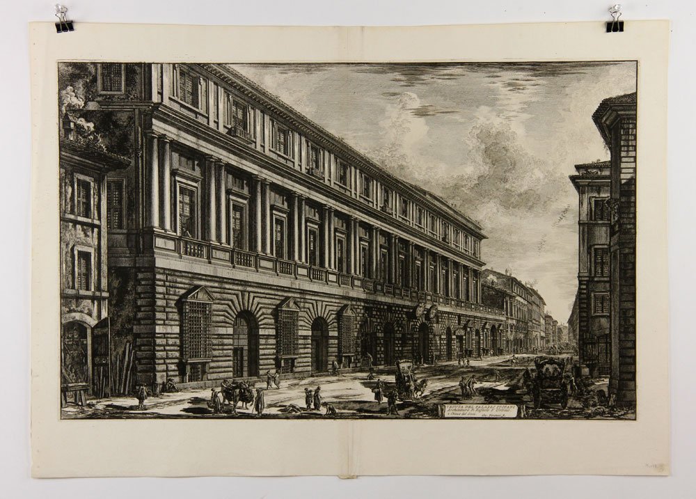 Piranesi, "Veduta del Palazzo Stoppani," Etching: Giambattista Piranesi, "Veduta del Palazzo Stoppani," 1776 etching, plate 128 of Veduta di Roma, ref: Focillon 842, Hind I/III, first Paris edition, 20 1/2" h x 29" w (sheet), 16 1/2" h x 26 1/2" w (p