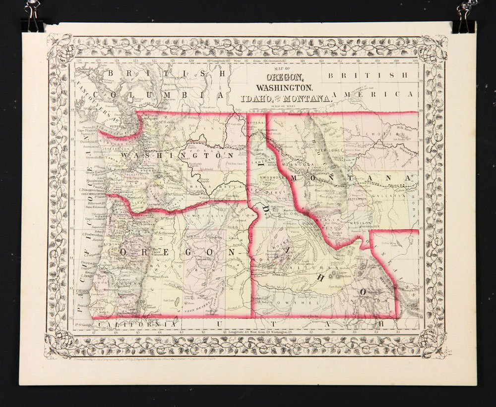 Two Maps of the American North West: Lot of two unframed maps of the American North West, one published by Alvin Johnson & Son, New York (18" h x 14" w), the other published by S. Augustus Mitchell (12 1/4" h x 15 1/4" w). Provenance: Fr