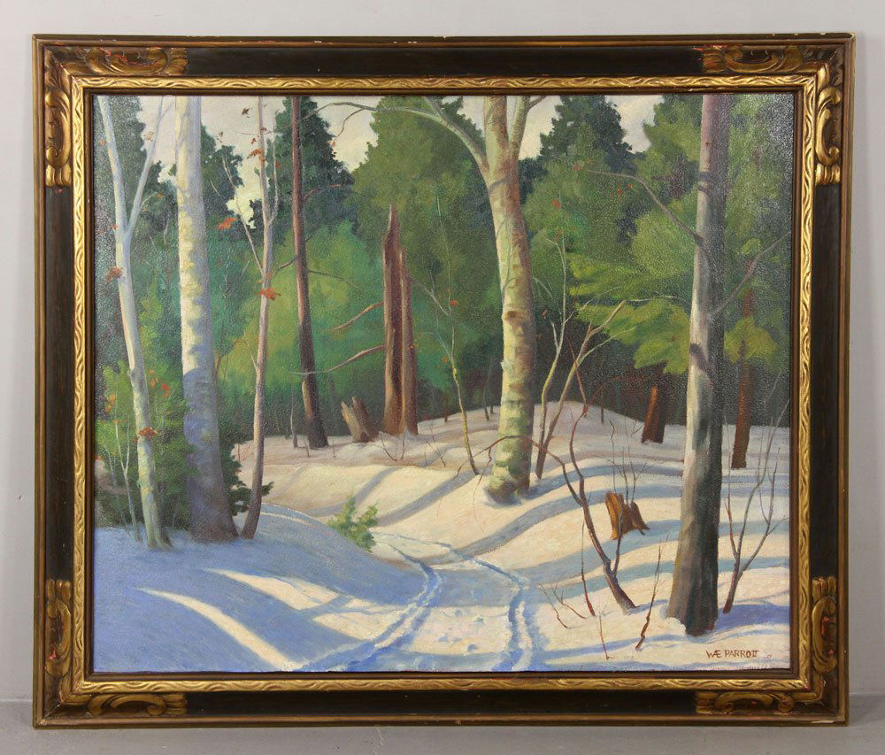 Parrott, Snowy Forest, O/B: William Parrott (1921-2004), snowy forest landscape, oil on board, signed lower right, 29" h x 35" w (view), 36" h x 42" w (frame). Provenance: From a Massachusetts estate.