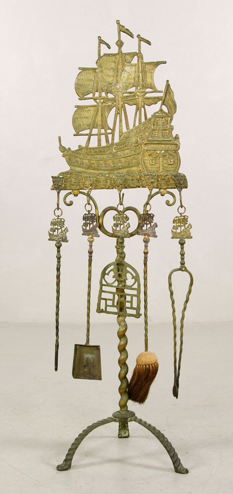 19th C. Dutch Brass Fireplace Tools: 19th century Dutch fireplace tools, brass, to include: tongs, brush, poker, shovel, and stand, with Spanish galleon "Don Fernando" design, largest 51 1/2" h x 16" w x 15 1/2" d. Provenance: From the e