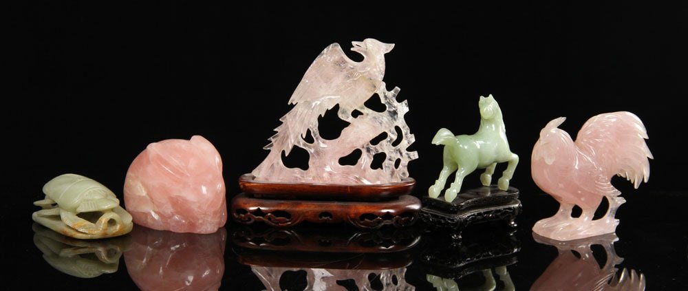 5 Asian Carved Items: Lot of five Asian carved items, to include: carved quartz rabbit, carved quartz rooster, carved quartz bird, hardstone seal in form of beetle, and carved hard stone horse, largest 4 1/2" h. Provenance