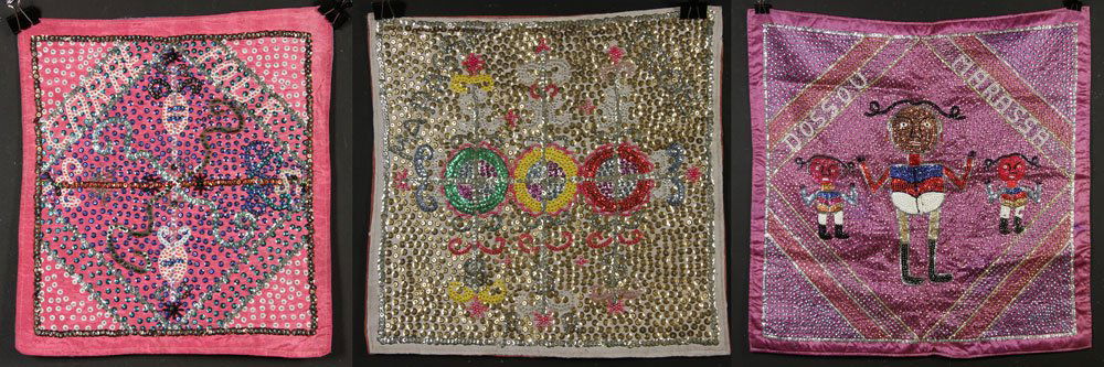 Barra, 3 Vodou Loa Flags: Perriot Barra (Haitian, 1942-1999), lot of three Vodou loa (god) flags, intricately embroidered with sequins and symbols, to include two Marassa Trois flags and one Carrefour/Kalfu flag, largest 30 1/